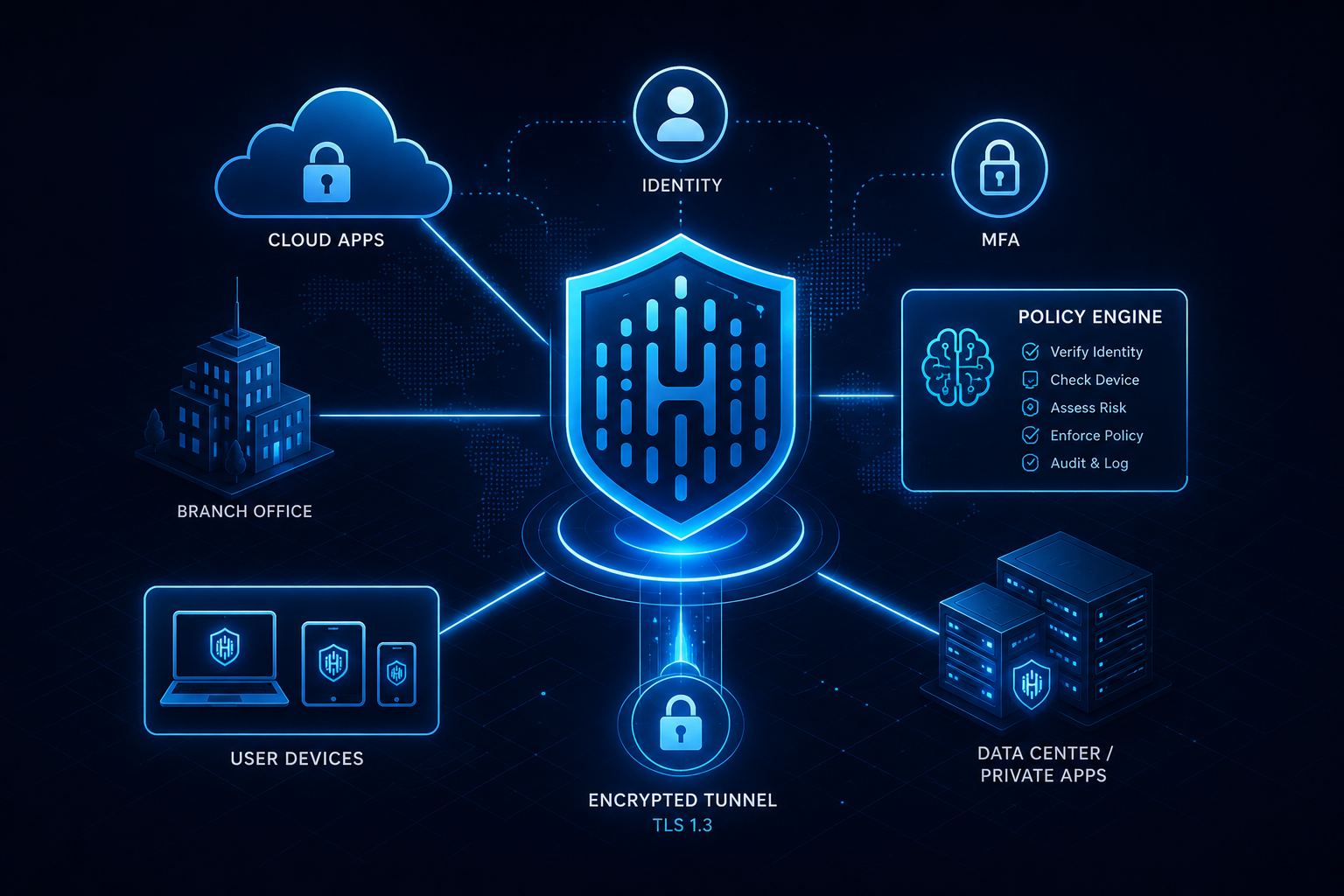 Hyper Private Access Zero Trust architecture connecting identities, devices, cloud applications and private infrastructure